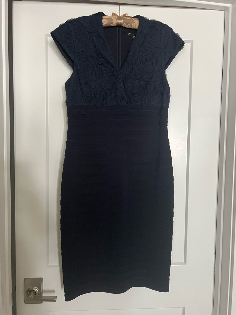 Textured Navy Midi Dress with Rosette V-Neck